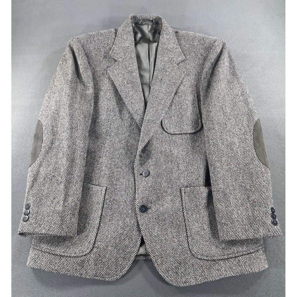 VTG Gallery by Haggar USA Gray Tweed Wool Sport Coat  Blazer Sz 42 Elbow Patch